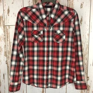 Wrangler Plaid Shirt, Black Snaps, Size Medium